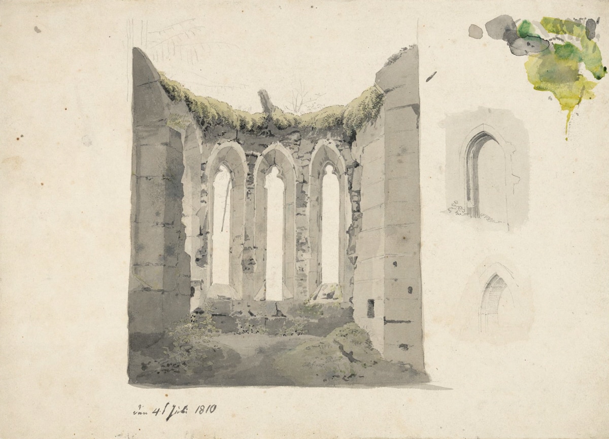 A watercolor of Gothic ruins, with tall arched windows opening onto a soft, mossy floor. The crumbling architecture stands in melancholy contrast to the delicate penciled details at the side.