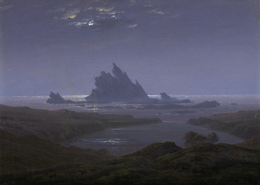 Jagged rock formations rise from the ocean beneath a moonlit sky. The light reflects off calm waters in shifting tones of purple and silver, evoking isolation and majesty.