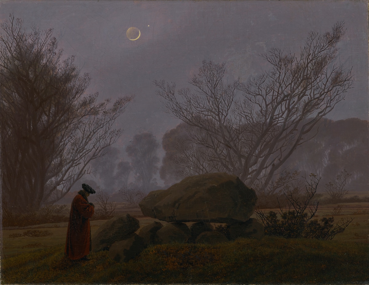 A solitary figure in a red cloak stands before an ancient dolmen in a misty field at twilight. Above, a crescent moon and a single bright star hang in a violet sky. Bare trees curve gently inward, framing the quiet act of contemplation.