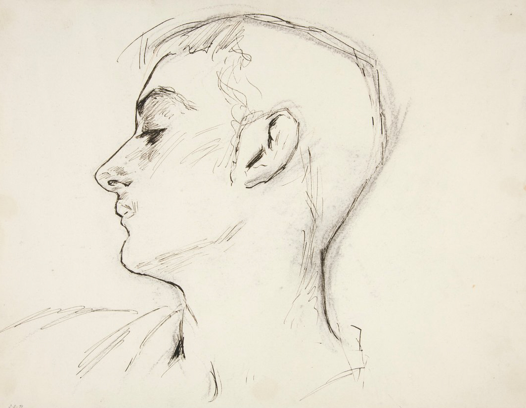 A delicate pencil sketch of a young man's head in profile, facing left. The lines are minimal but expressive, capturing the serene and introspective quality of the subject’s closed eyes and gentle features.