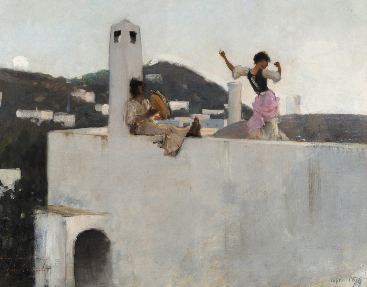 A sunlit rooftop scene with two figures: a woman seated and playing a tambourine, and a woman mid-dance in a flowing pink skirt and black bodice. The bright white building contrasts against distant hills, evoking a lively moment in a Mediterranean village.