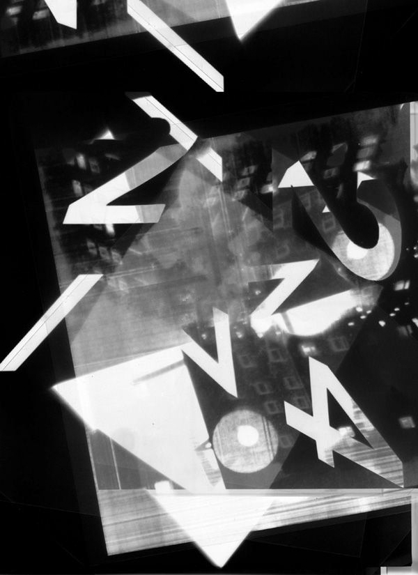 Abstract black-and-white collage featuring overlapping geometric shapes, bold numbers (2, 3, 4, 7, and 0), and fragmented light patterns. The composition creates a layered, chaotic effect with sharp contrasts of white shapes against a dark background, suggesting motion and disorientation.