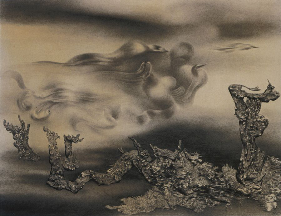 A surreal, monochromatic landscape in shades of sepia and gray. Twisted, gnarled tree-like forms rise from the ground, their bark rough and organic, almost resembling petrified creatures. In the sky above, swirling mist coalesces into faint, birdlike shapes with elongated beaks, as though formed from drifting smoke. The atmosphere feels dreamlike, eerie, and otherworldly, blurring the boundary between solid land and spectral sky.