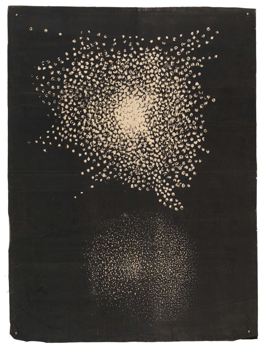 Abstract artwork on a black background featuring two clusters of pale, organic dots. The upper cluster is larger and denser, radiating outward from a bright center like a starburst or swarm, while a smaller, more diffuse cluster sits below it, appearing softer and more granular. The overall effect suggests cosmic forms or drifting particles against darkness.