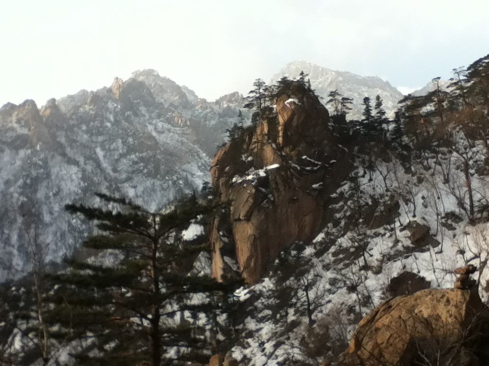 This image showcases a dramatic mountain landscape with rocky cliffs and snow-capped peaks in the background. The foreground features rugged terrain with scattered trees, some of which are evergreen, providing contrast against the stark, snow-covered rocks. The towering cliffs are dotted with patches of snow, and their steep faces give the scene a sense of grandeur and isolation. The image has a cold yet serene atmosphere, with the natural beauty of the wilderness emphasized by the snow and the surrounding rugged mountains. It evokes a peaceful yet wild feeling, where nature reigns supreme.