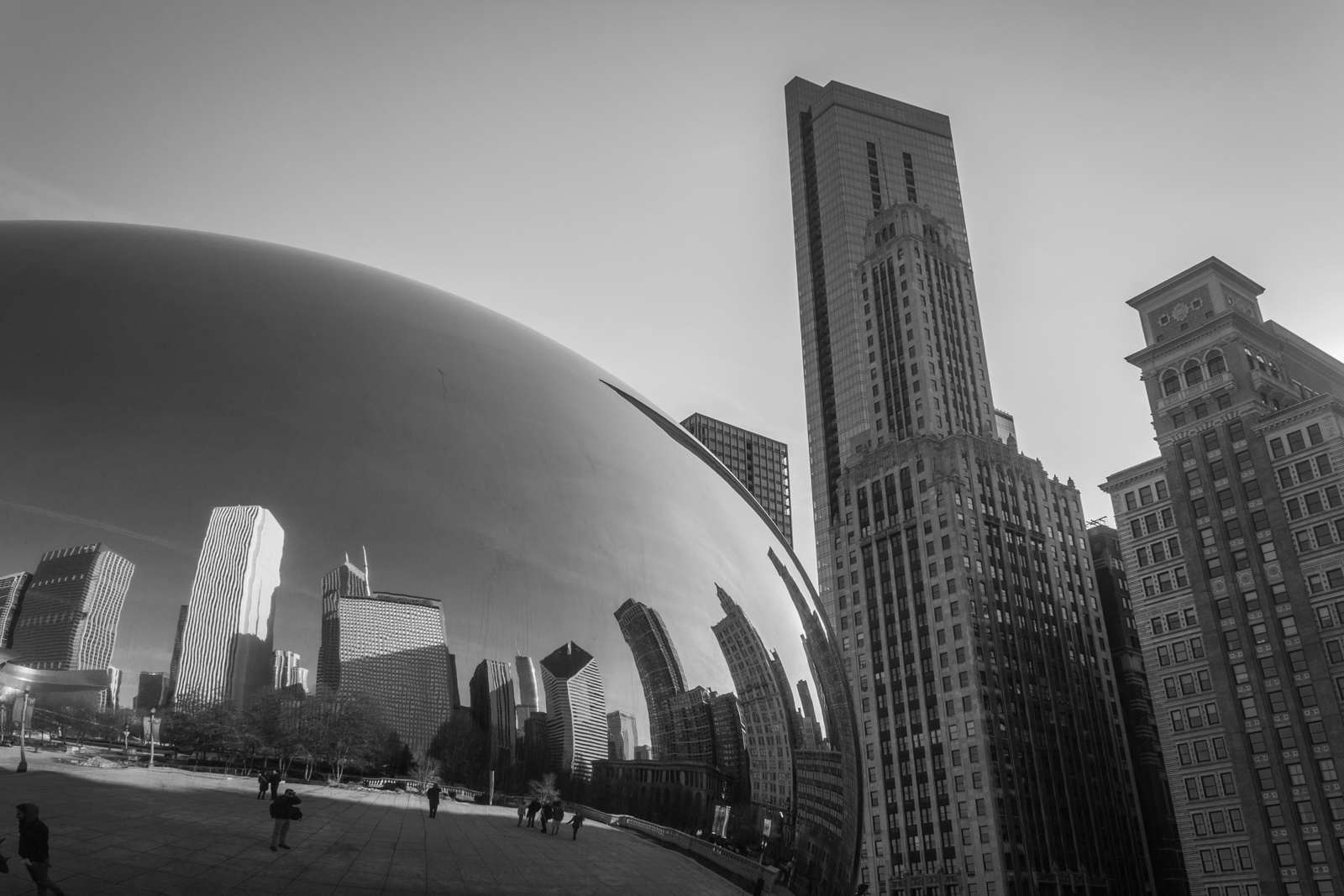 A black-and-white image of Chicago's famous Cloud Gate (also known as "The Bean") sculpture, with the skyline of buildings reflected in its curved surface. The contrast of modern architecture and the distorted reflections creates an iconic and artistic scene.